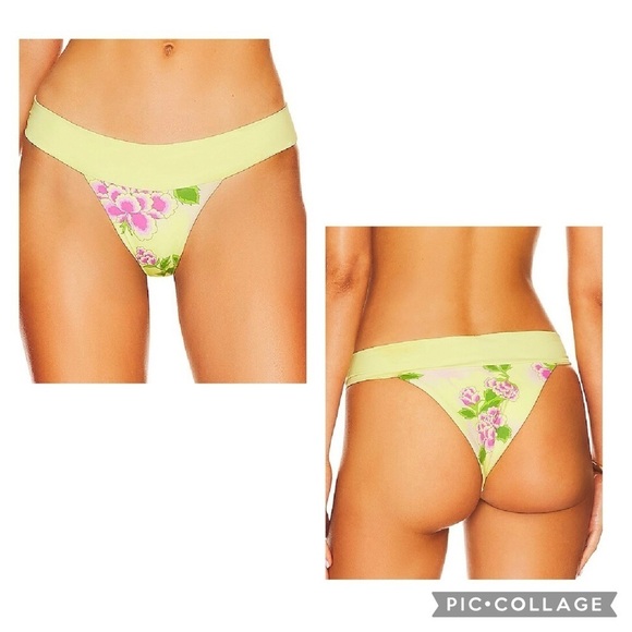 FRANKIES BIKINIS Women’s Yellow Pink Floral NICK Swim Bottom In MOJITO Size L - Picture 1 of 5